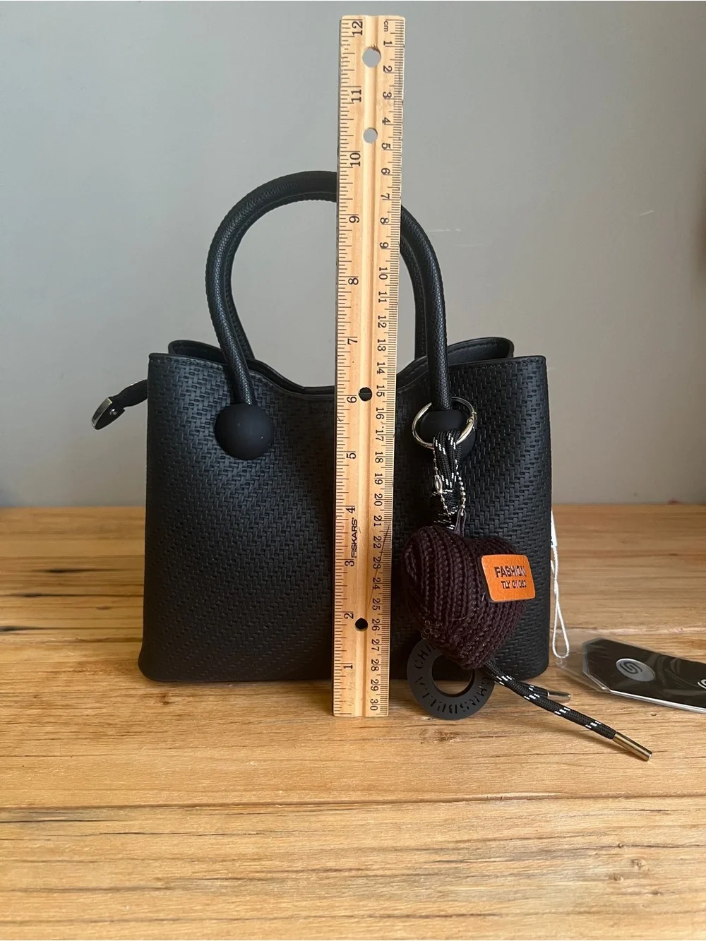 NWT Black Woven Satchel Handbag with Matching Charm & Shoulder Strap by Sumzen